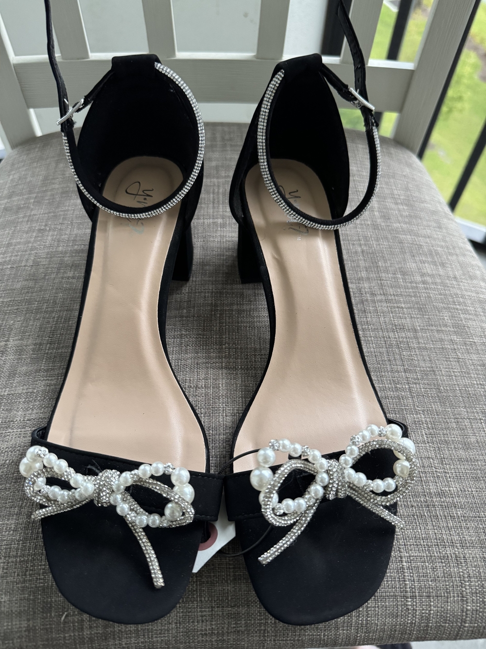 Black Pearl & Rhinestone Bow Ankle-Strap Block Heels